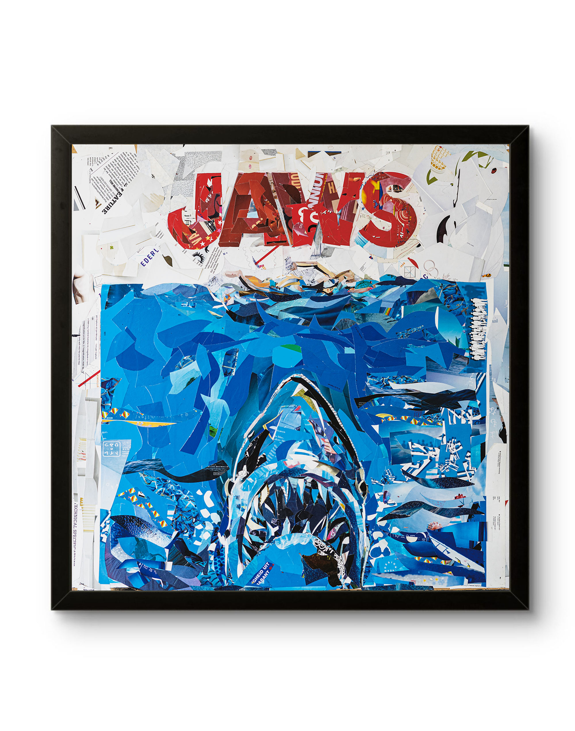 Pop Art collage JAWS, handgemaakt op MDF-paneel met zwarte baklijst, mixed media